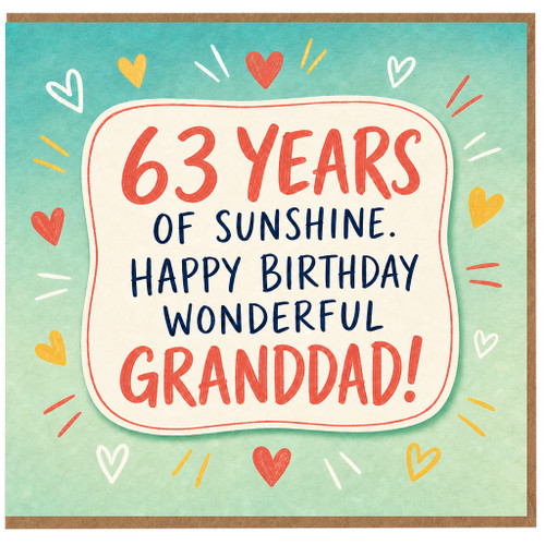 63rd Birthday Card for Granddad, 63 Years of Sunshine Happy Birthday Wonderful Grandad Card