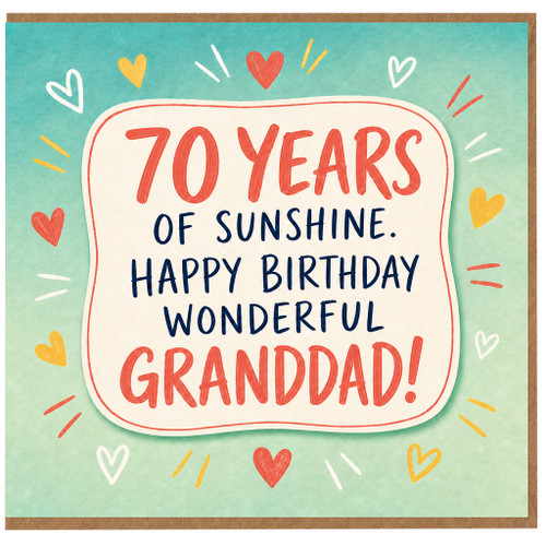 Granddad 70th Birthday Card, 70 Years of Sunshine Happy Birthday Wonderful Grandad Card