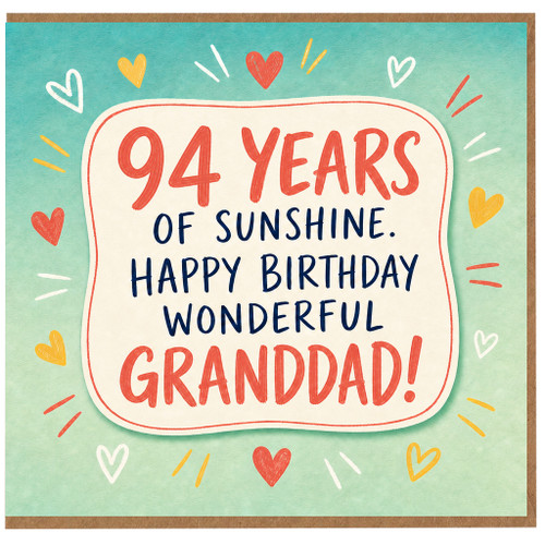 Granddad 94th Birthday Card, 94 Years of Sunshine Happy Birthday Wonderful Grandad