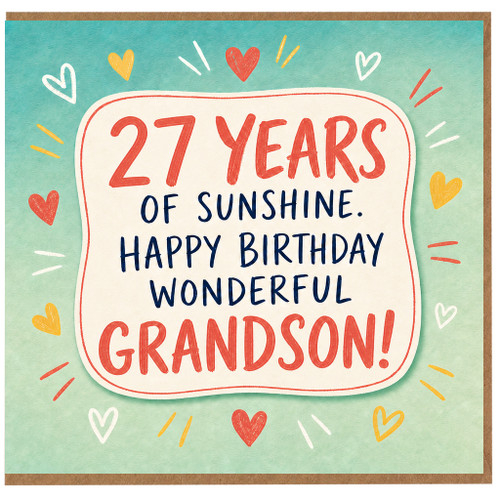 27th Birthday Card for Grandson, Happy Birthday Wonderful Grandson Card, 27 Years of Sunshine