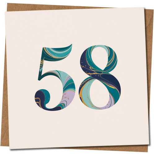 58th Birthday Card - Marble Number Design - 145mm x 145mm Square -, Includes Kraft Envelope