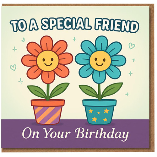 To a Special Friend Birthday Card - Cute Flowers in Pots - Cheerful Floral Friend Birthday Greeting