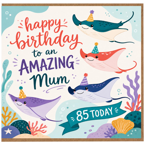 85th Birthday Card for Mum, Happy Birthday to an Amazing Mum Today, Cute Manta Ray Underwater Birthday Card