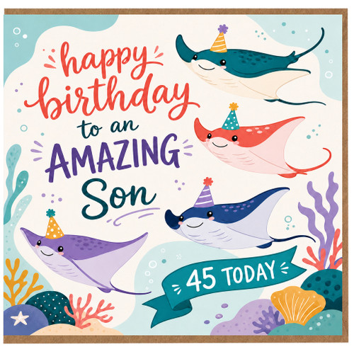 45th Birthday Card for Son, Amazing Son Birthday Card with Cute Stingrays