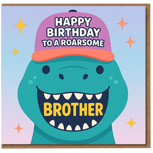 Roarsome Dinosaur Brother Birthday Card - Happy Birthday to a Roarsome Brother - Fun Cartoon T-Rex with Cap and Big Grin
