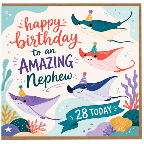28th Birthday Card for Nephew, Amazing Nephew Birthday Card, Underwater Manta Ray Party Card