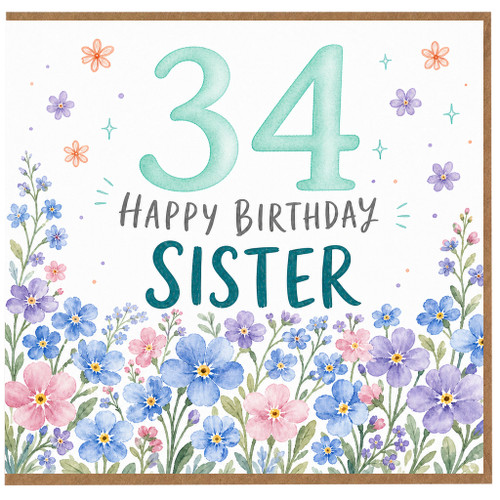 34th Birthday Sister Card, Floral Happy Birthday Card