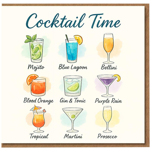Cocktail Time Drinks Birthday Card - Mojito, Blue Lagoon, Bellini, Blood Orange, Gin & Tonic, Purple Rain, Tropical, Martini, Prosecco Illustration