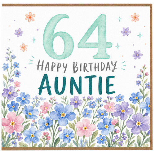 64th Birthday Card for Auntie, Floral Watercolour Happy Birthday Card