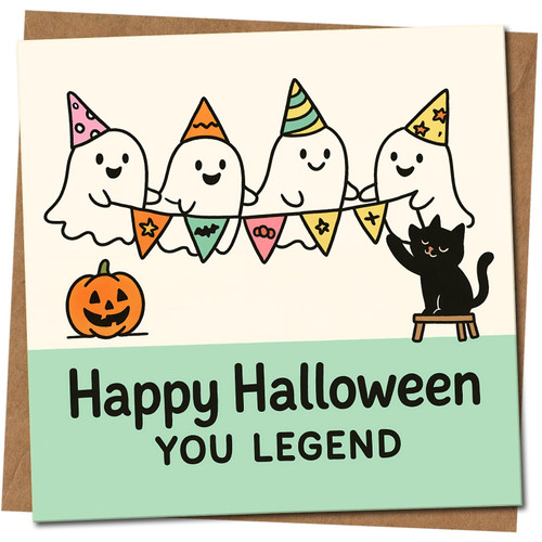 Happy Halloween You Legend Card - Cute Ghosts, Black Cat and Pumpkin Bunting Design - 145mm x 145mm Square Halloween Greeting Card, Includes Kraft Envelope