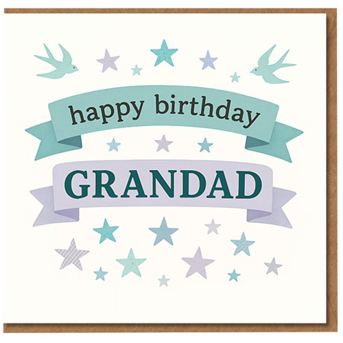 Grandad Birthday Card - Happy Birthday Grandad Ribbon Banners with Stars and Swallows - Teal and Lilac Design - Cute Card for