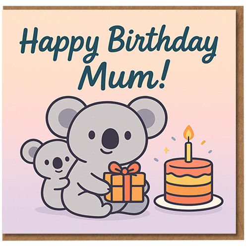 Mum Birthday Card - Cute Koalas with Gift and Cake - Happy Birthday Mum from Son or Daughter