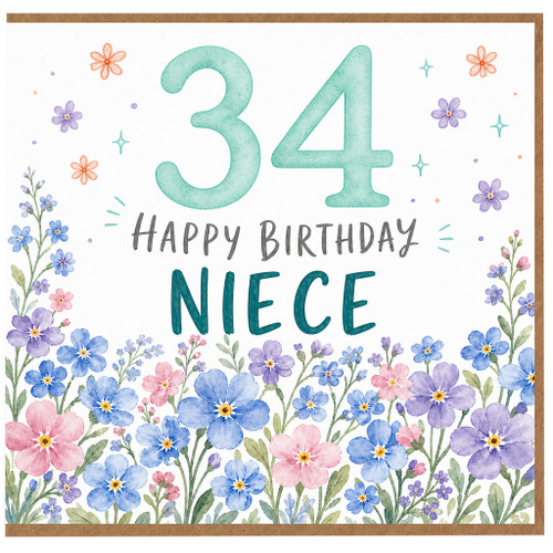 34th Birthday Card for Niece, Floral Happy Birthday Card