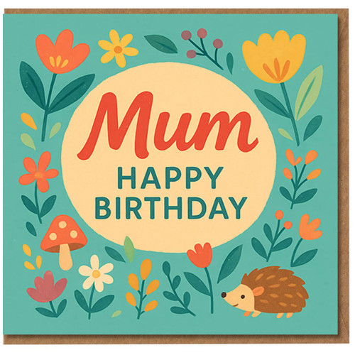 Mum Birthday Card - Cute Floral and Hedgehog Design - ‘Mum Happy Birthday’ Card for Mother from Daughter or Son