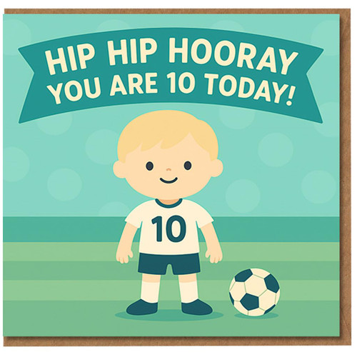 10th Birthday Card for Boy - Hip Hip Hooray You Are 10 Today - Cute Footballer Illustration with Number 10 Shirt and Ball - Kids Birthday