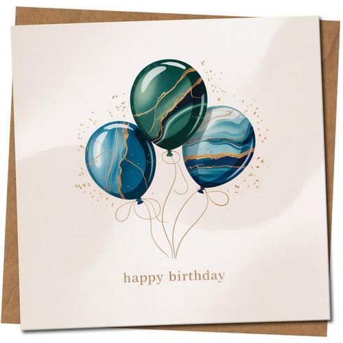 Happy Birthday Card - Marbled Balloons Design, Teal and Navy - 145mm x 145mm Square - Kraft, Includes Kraft Envelope
