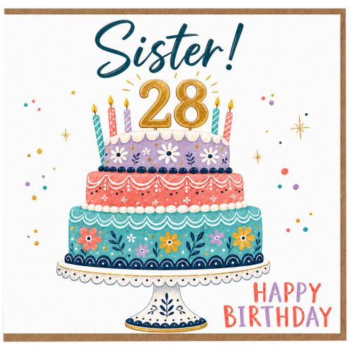 Sister 28th Birthday Card, Happy Birthday Cake Design