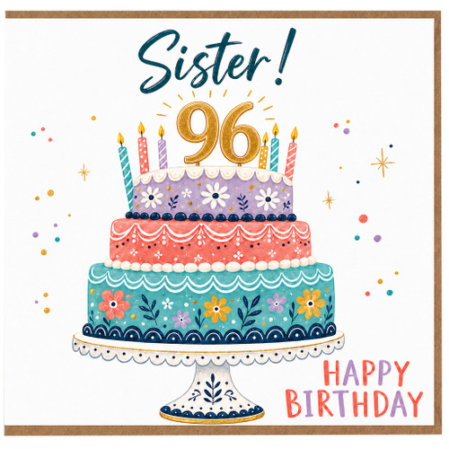 Sister 96th Birthday Card, Happy Birthday Cake Design