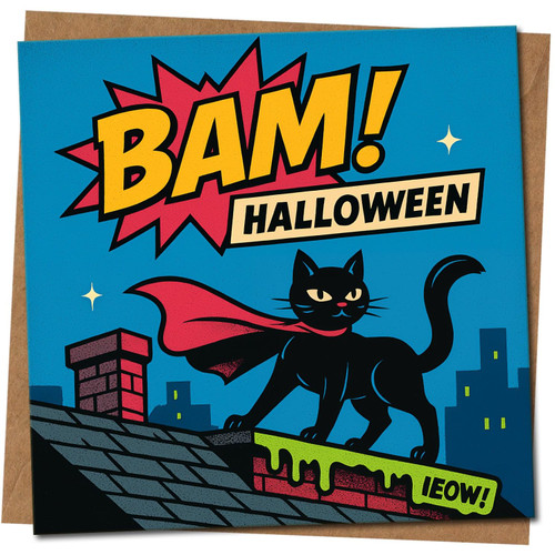 BAM! Halloween Comic Black Cat Superhero Card - Funny Pop-Art Square Greeting, 145mm x 145mm, Includes Kraft Envelope