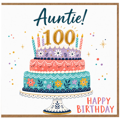 Auntie 100th Birthday Card, Happy Birthday Cake Design Card