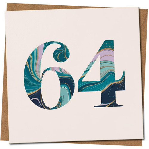 64th Birthday Card - Marble Number Design, Square 145mm x 145mm - Stylish Milestone Age Card, Includes Kraft Envelope