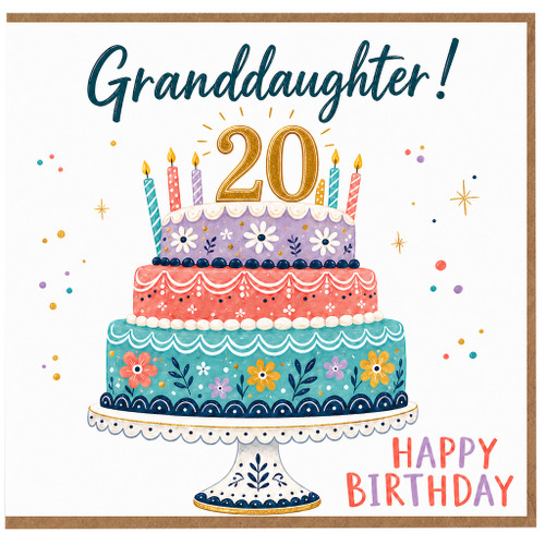 Granddaughter 20th Birthday Card, Happy Birthday Cake Design