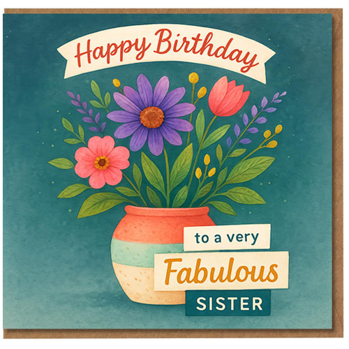Sister Birthday Card - Happy Birthday to a Very Fabulous Sister - Colourful Floral Vase Illustration - Cute, Heartfelt Greeting for a Wonderful