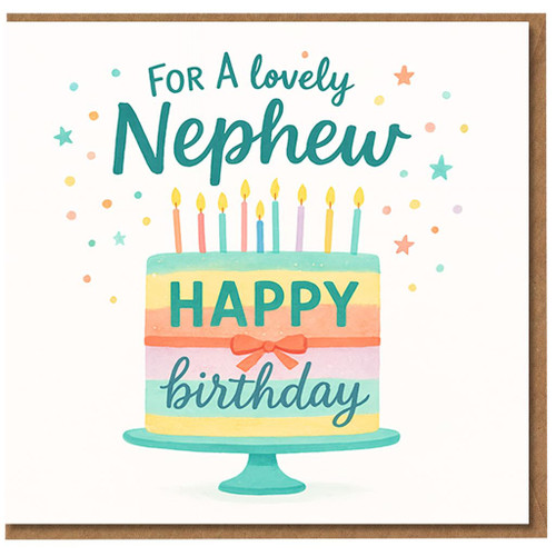 Nephew Birthday Card - For a Lovely Nephew, Colourful Cake with Candles and Confetti, Cute Happy Birthday Design