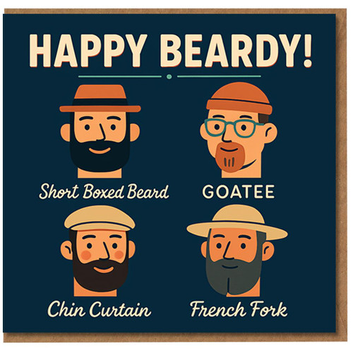Happy Beardy Funny Birthday Card - Beard Style Illustrations: Short Boxed, Goatee, Chin Curtain & French Fork - Pun Card for Bearded Men