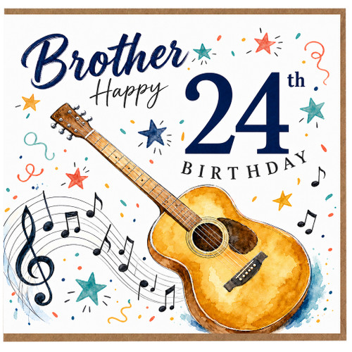 Brother 24th Birthday Card, Guitar and Music Notes Design