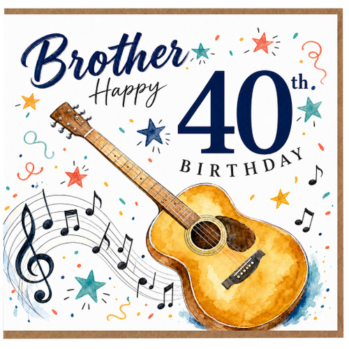 Brother 40th Birthday Card, Guitar and Music Notes Design
