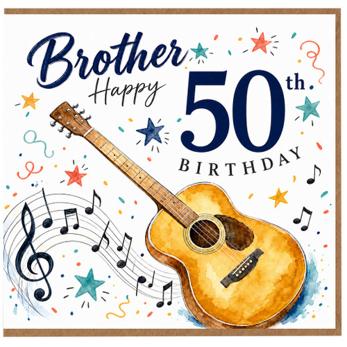 Brother 50th Birthday Card, Musical Guitar Birthday Card for Brother