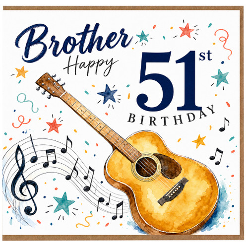 Brother Happy 51st Birthday Card with Guitar and Musical Notes