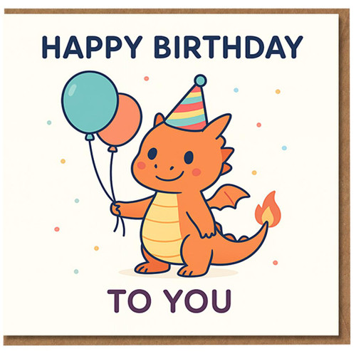 Cute Dragon Birthday Card - Happy Birthday To You Balloons and Party Hat Design for Kids, Friends and Dragon Lovers