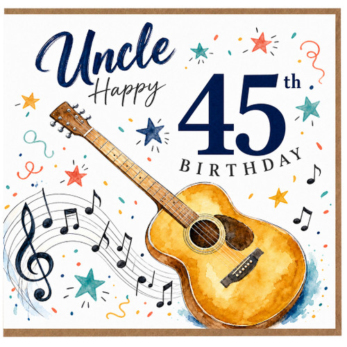 Uncle 45th Birthday Card, Happy Birthday Guitar and Music Notes Design