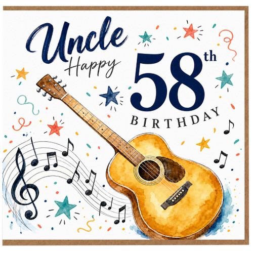 Uncle 58th Birthday Card, Happy 58th Birthday with Guitar and Music Design
