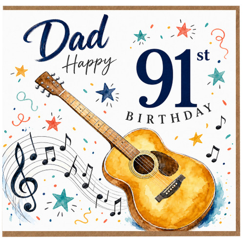 Dad 91st Birthday Card, Guitar and Music Design