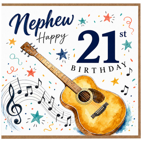 Nephew 21st Birthday Card, Guitar and Music Birthday Card