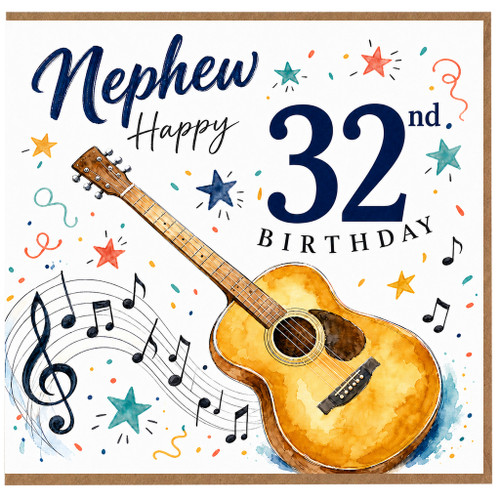 32nd Birthday Card for Nephew, Guitar and Music Design