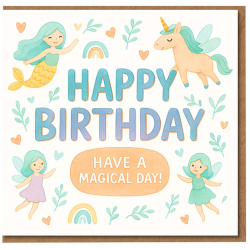 Cute Kids Birthday Card - Unicorn, Mermaid and Fairies Design - 'Happy Birthday, Have a Magical Day' - Sweet Card for Child, Daughter or Granddaughter