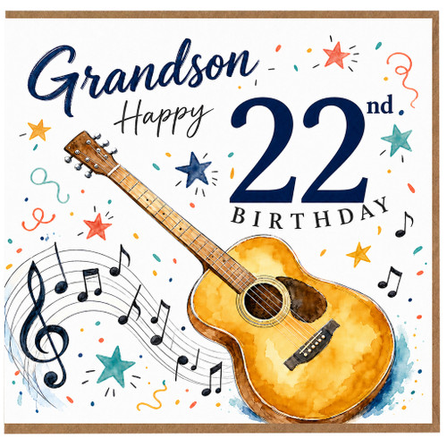 22nd Birthday Card for Grandson, Music and Guitar Theme Birthday Card