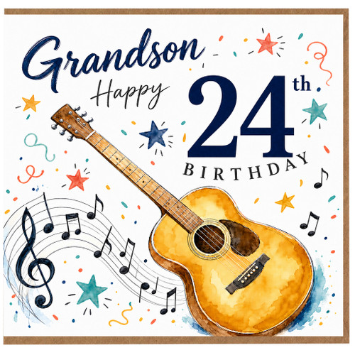 24th Birthday Card for Grandson, Guitar and Music Design