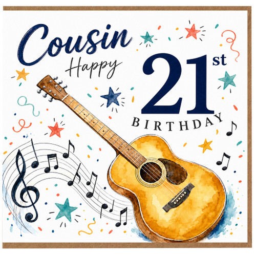 Cousin 21st Birthday Card, Music Lover Guitar Birthday Card