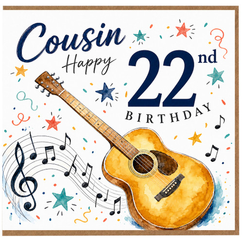 Cousin 22nd Birthday Card, Guitar and Music Notes Design