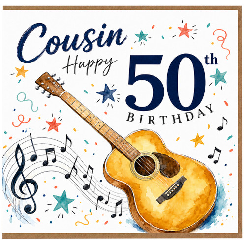Cousin 50th Birthday Card, Musical Guitar Birthday Card for Cousin