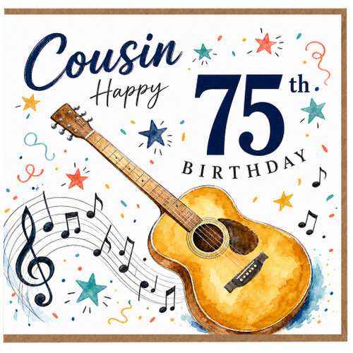 75th Birthday Cousin Card, Happy Birthday with Guitar and Music Design