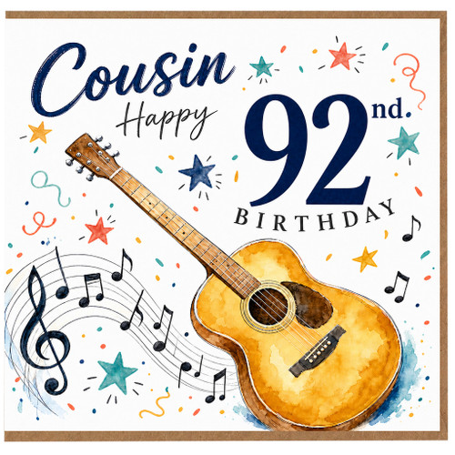 Cousin 92nd Birthday Card, Happy Birthday Musical Guitar Design