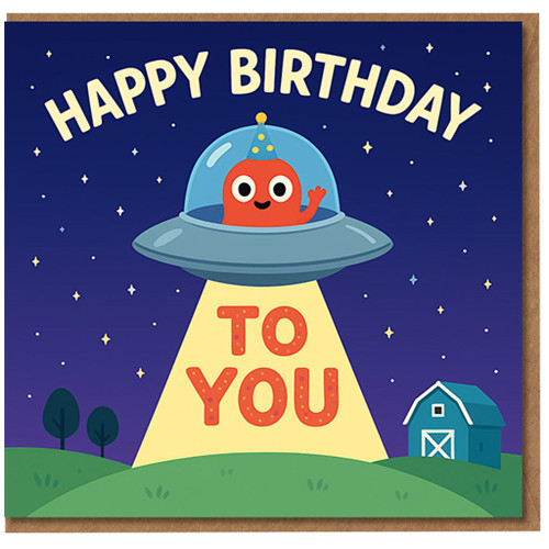 Happy Birthday To You Alien UFO Card - Cute Space Night Scene with Flying Saucer Beaming Message for Kids