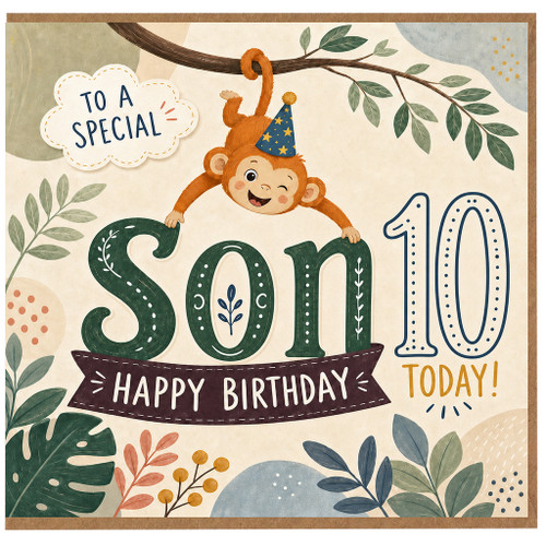 Son 10th Birthday Card, Happy Birthday Today Monkey Design, Special Son Birthday Card