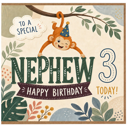 3rd Birthday Card for Nephew, Jungle Monkey Happy Birthday Card